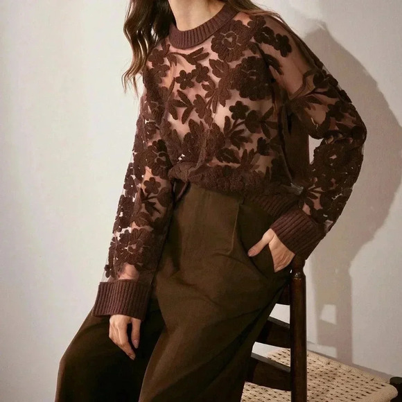 Coffee Brown Casual Women's Floral Pattern Knit Round Neck Drop Shoulder Sweater - Picture 1 of 6